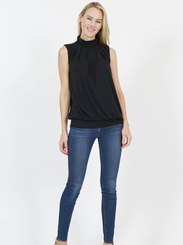 42POPS - Wholesale Blouse - Women's - ...._ SI-22453 SLEEVELESS HIGH NECK PLEATED TOP WITH WAISTBAND