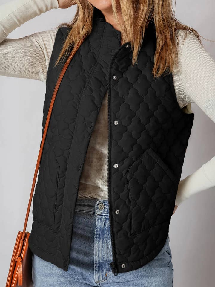Black Flower Shape Quilted Snap Button Zip Up Winter Vest for wholesale by Lovesoft