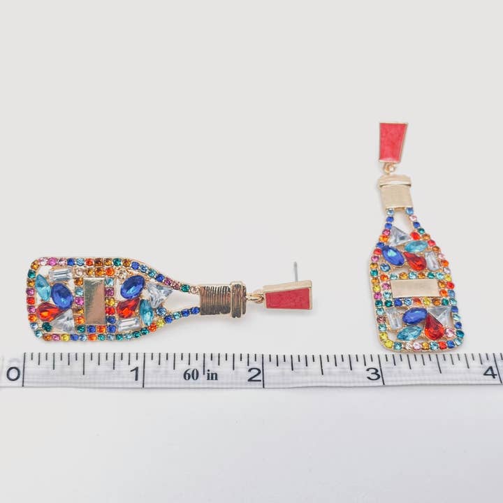 Mio Queena - Wholesale Dangle Earrings - Colored Rhinestone Wine Bottle Shape Earrings