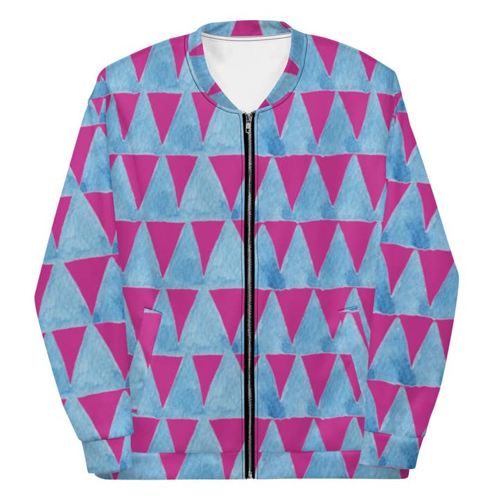 Purple and Blue Triangle Print Unisex Bomber Jacket for wholesale by Craftmerce Inc