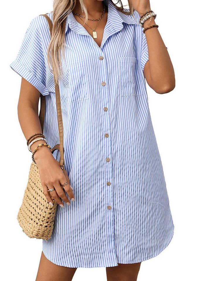 NINEXIS - Wholesale Dress - Women's - CWDSD7263_STRIPED COTTON AND LINEN MIDI SHIRT DRESS