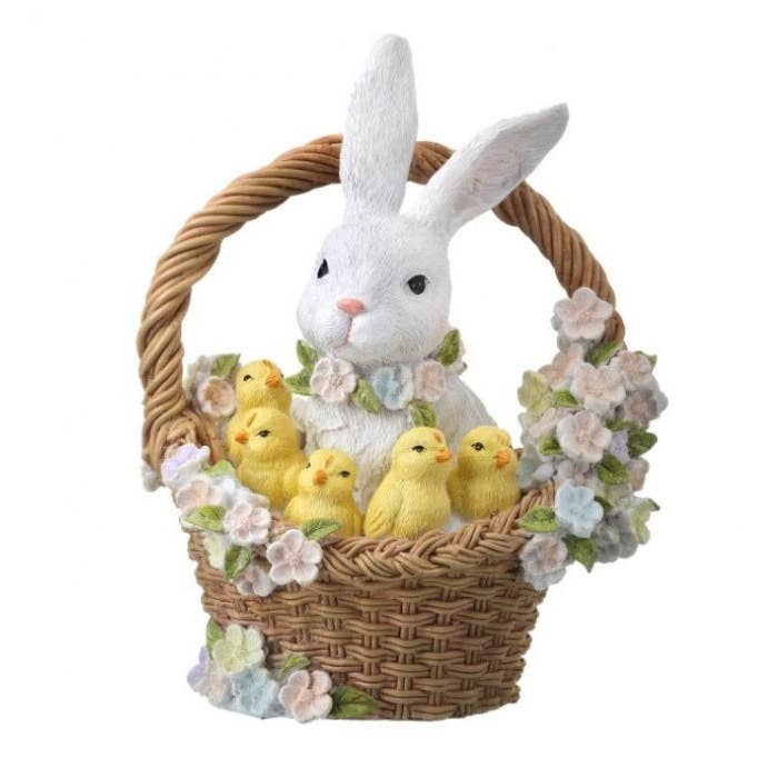 The African Home Goods - Wholesale Decorative Figurine - Bunny and Chicks in Flower Easter Basket Figurine, 9.25"
