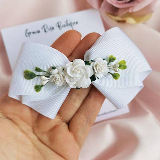 White Flower Girl Hair Bow: Wedding Hair Accessory for wholesale by Gracie Rose Bowtique