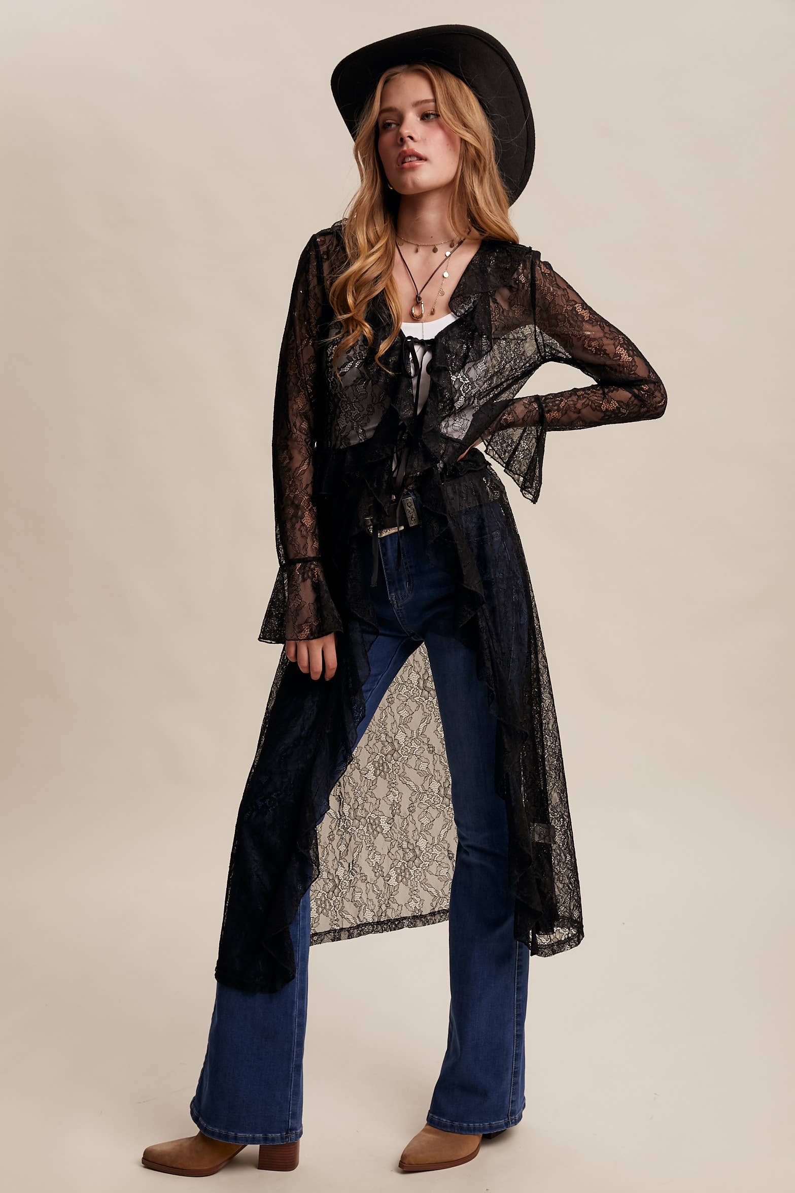 Listicle - Wholesale Kimono - Women's - Sheer Lace Ruffle Duster LJ025921