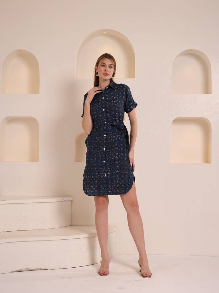Chic Navy Blue Printed Short Shirt Dress for Women for wholesale by Fabthread