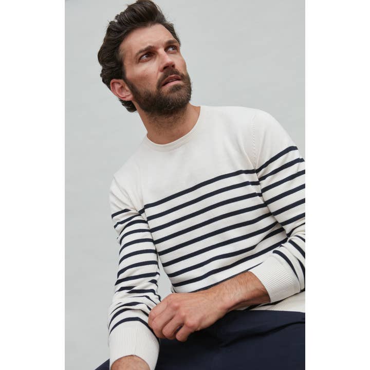 Maglione leggero da uomo in cotone a righe stile Breton per la vendita all'ingrosso da parte di Paul James Knitwear