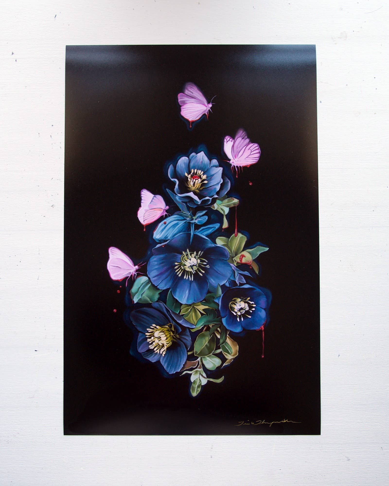 Trisha Thompson Adams - Wholesale Art Print - Blooderflies and Hellebores Dark Garden Botanical Art Print6