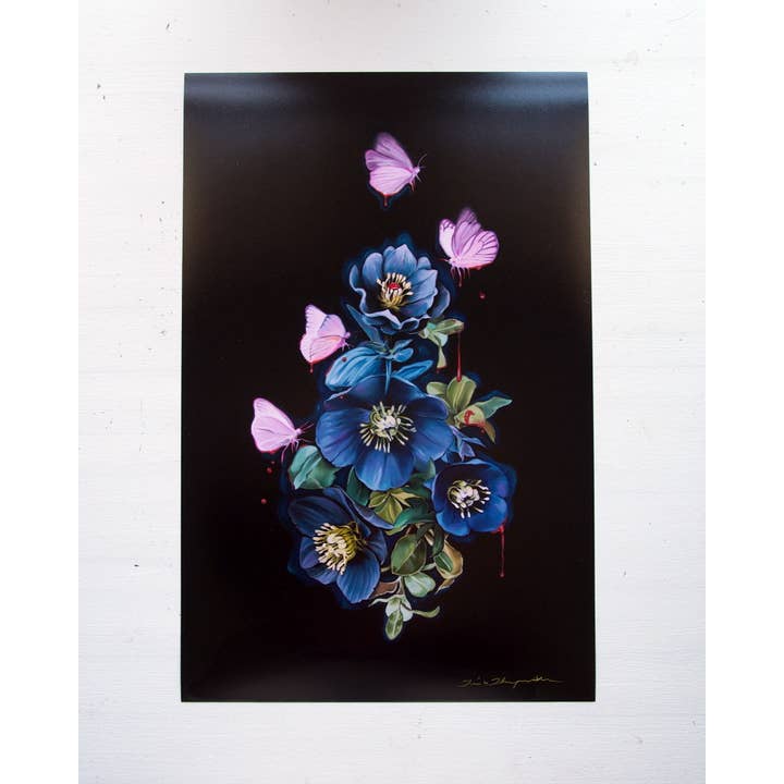 Trisha Thompson Adams - Wholesale Art Print - Blooderflies and Hellebores Dark Garden Botanical Art Print6