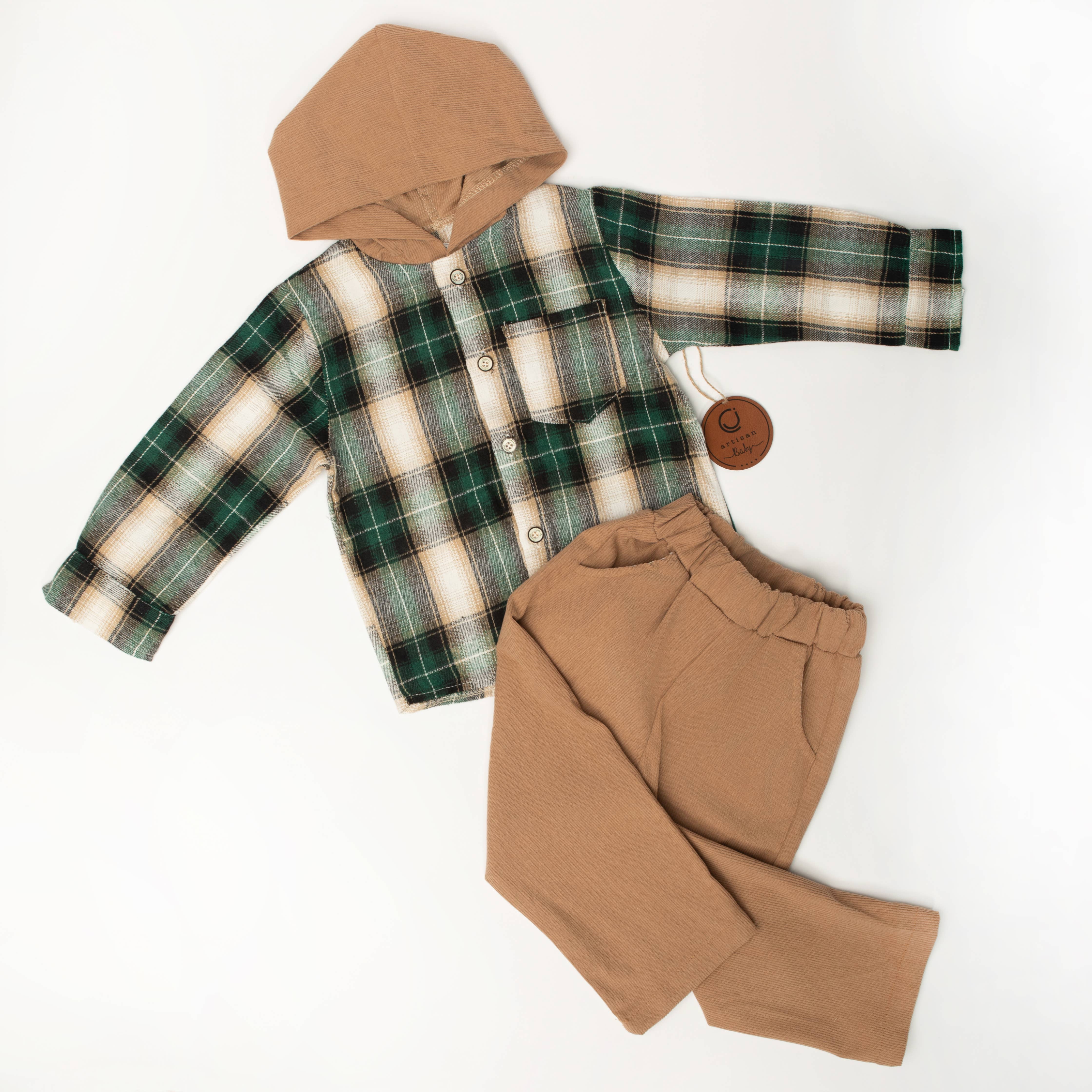 Charlie James Artisan Boutique - Wholesale Top & Pant Set - Kids - Forest Plaid Corduroy Set1