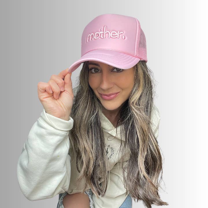 "mother." Embroidered Trucker Hat - Flamingo Pink for wholesale on Faire
