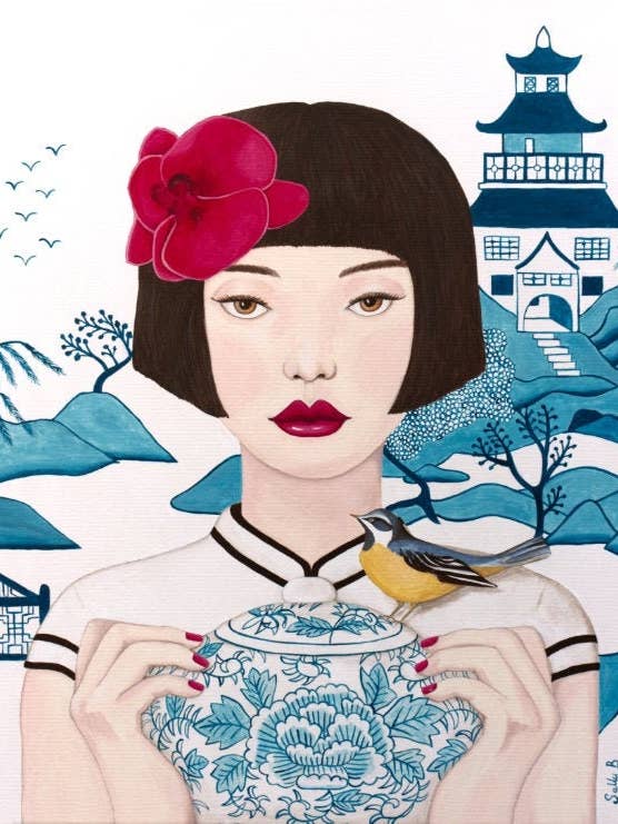 Chinoiserie art print portrait femme tenant pot avec oiseau pour la vente par Sally B