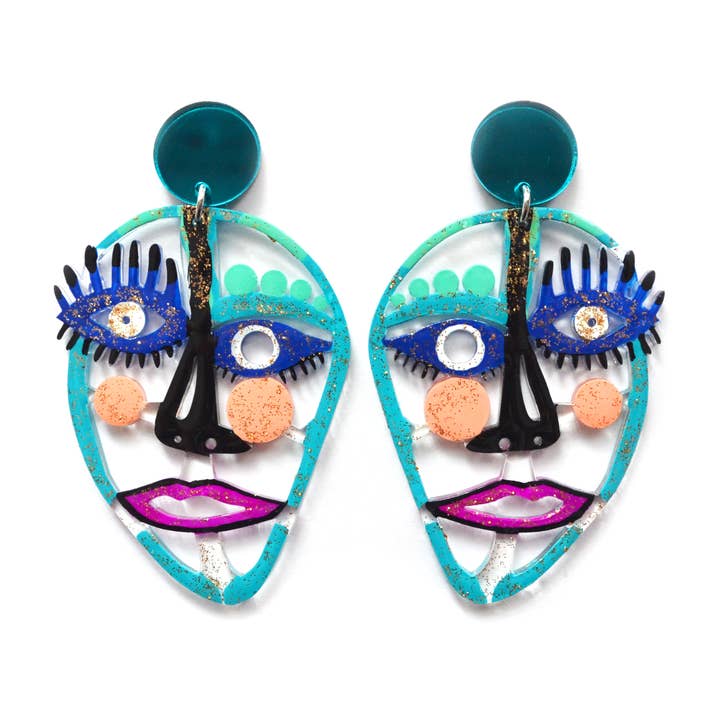 Pendientes de cara de acrílico con corte láser azul y turquesa para venta al por mayor de Boo and Boo Factory