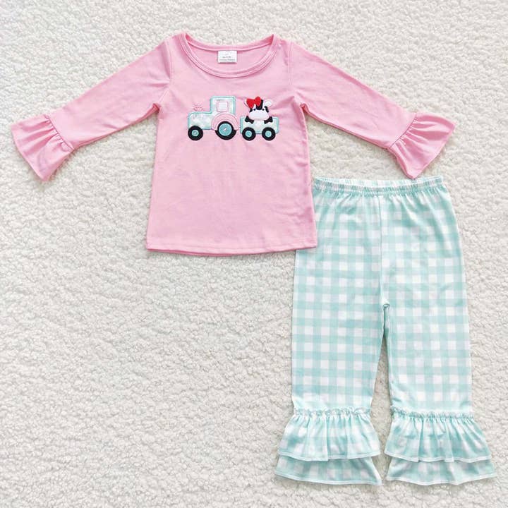 Ensembles de vêtements Pink Tractor Farm Pants pour bébés filles pour la vente par Aier Wholesale