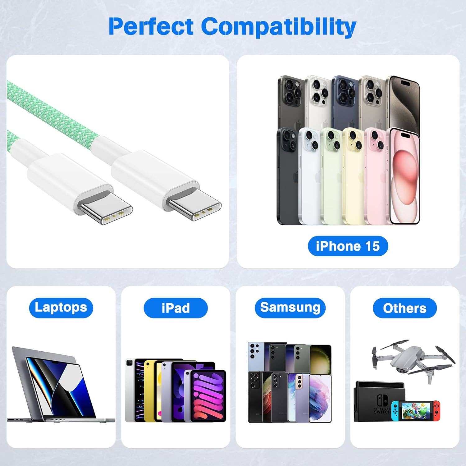 DGN Gadgets - Vente Câble de charge - Câble tressé USB-C à USB-C de charge rapide de 1,8 mètre11