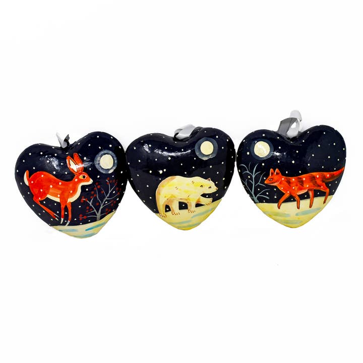 Fair to Trade Ltd - Wholesale Ornament Set - Hand painted papier-mâché Animals Christmas heart baubles1