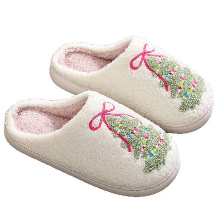Embroidered Christmas Tree Slippers with Plush Fleece Lining for wholesale by AK Brand