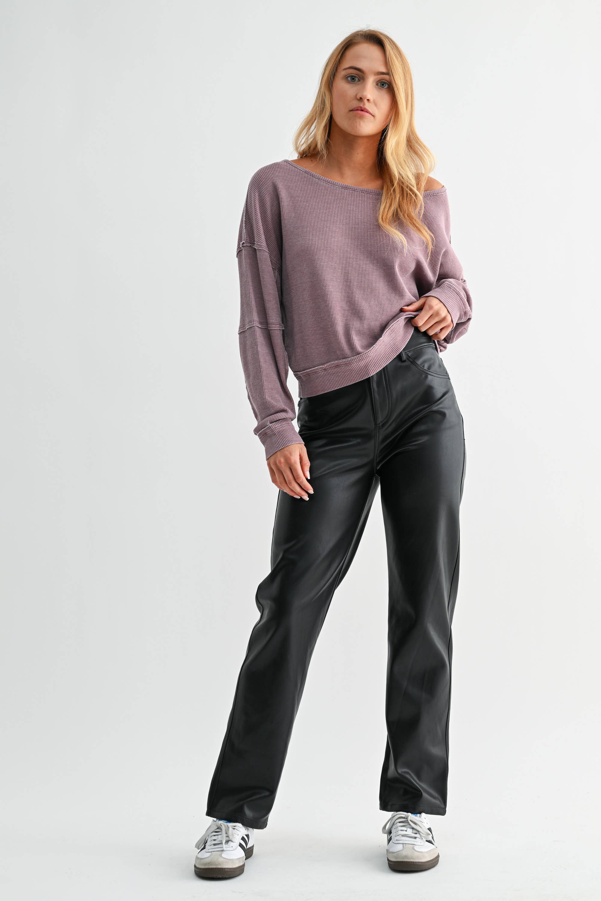 Mono B - Wholesale Sweatshirt - Women's - Raw Edge Waffle Knit Boatneck Pullover11