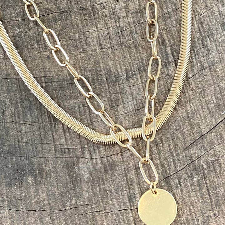 PennyLine inc - Wholesale Jewelry Set - Layered gold tone short necklace set with a coin pendant
