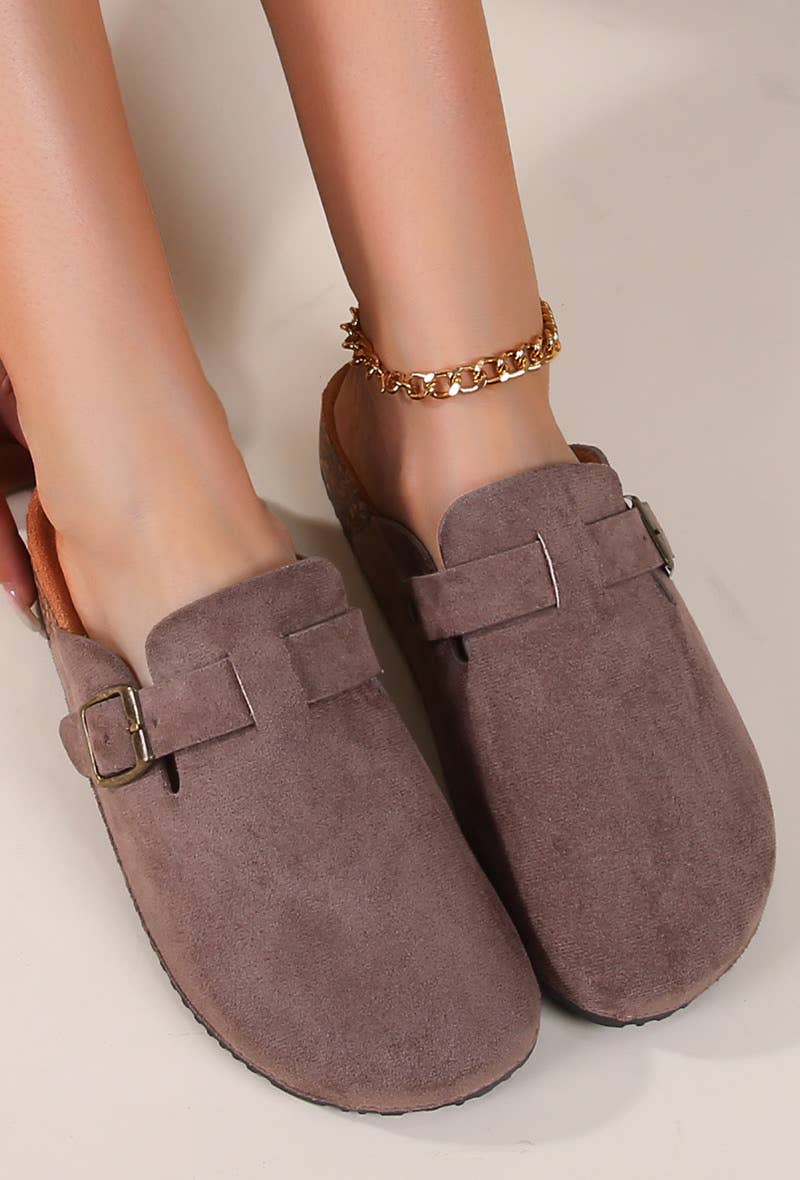 Camel Suede mules with cork effect sole and bri, LB510-122 for wholesale on Faire4