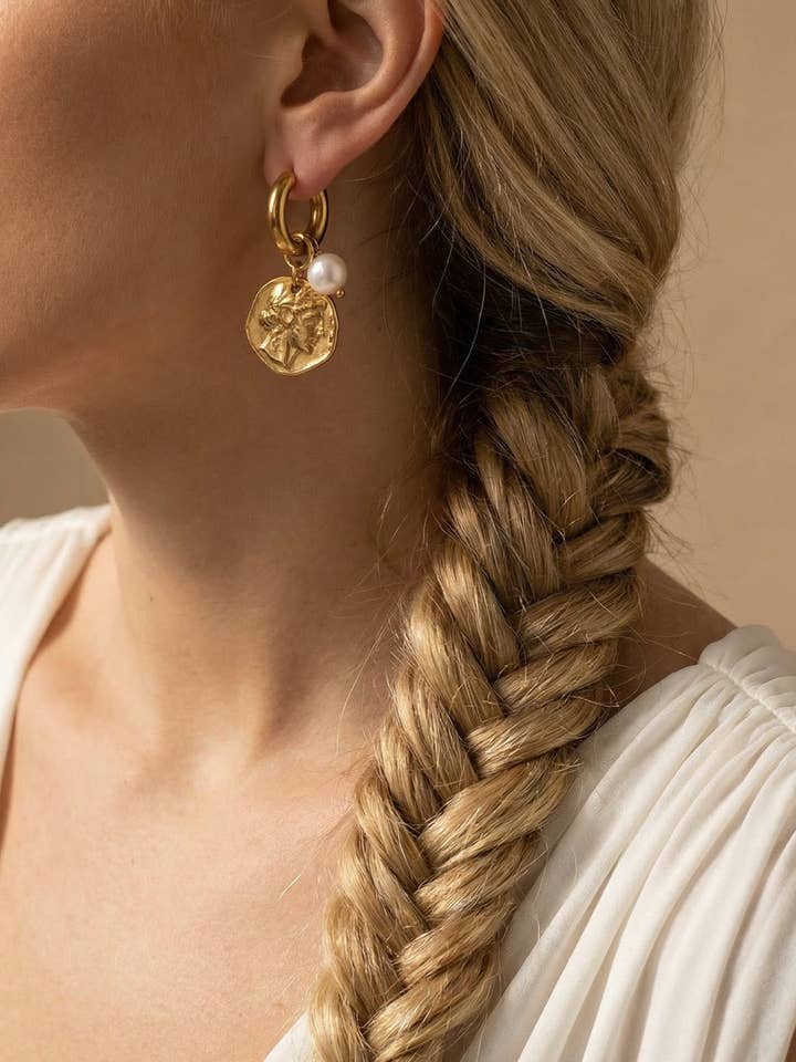 Ancient Greek Coin Pearl Hoop Earrings in gold and silver for wholesale by Goupi