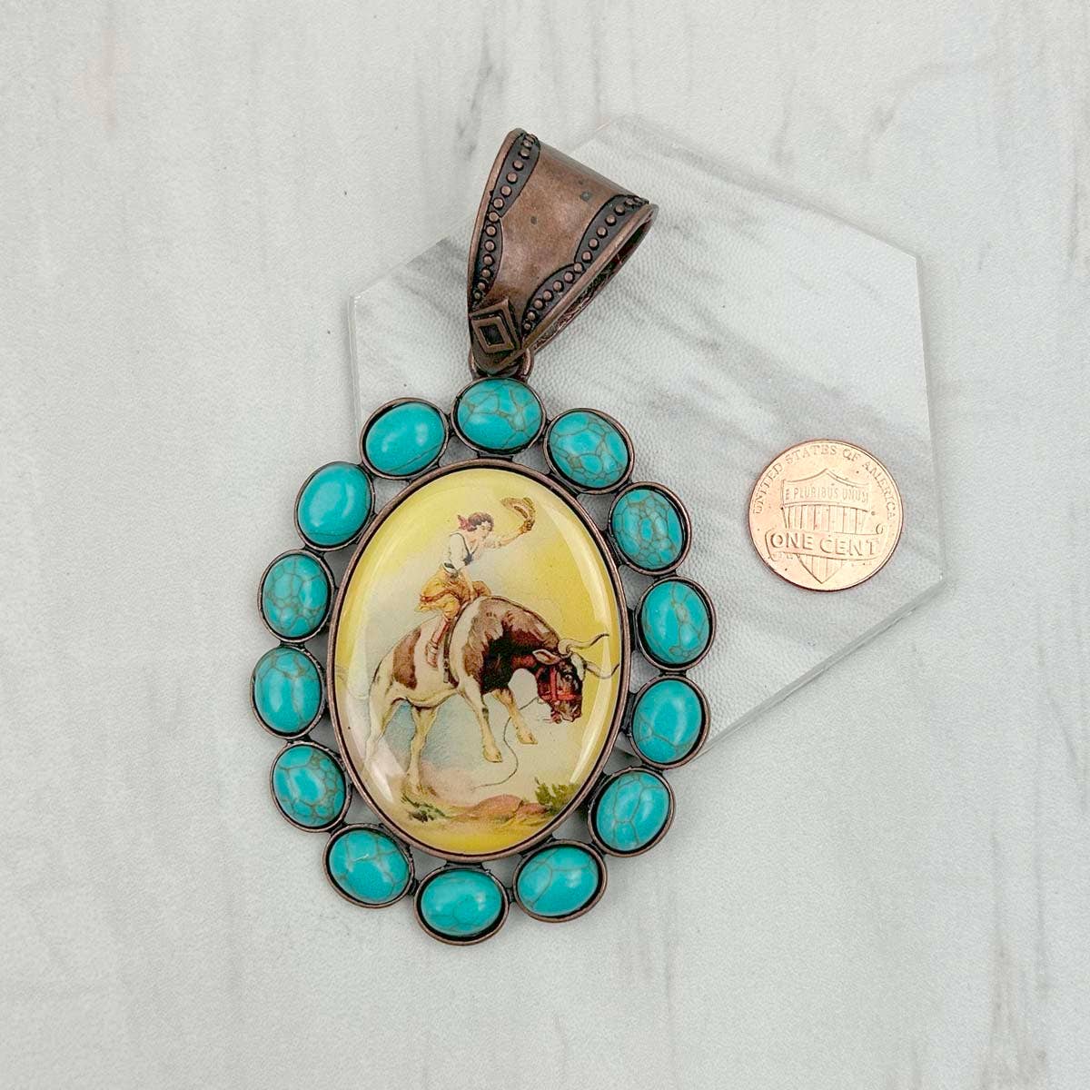 Western Elite Jewelry - Wholesale Individual Charm/Pendant - PD231210CP-13               Copper metal with blue turquoise stone oval cowboy Pendent0