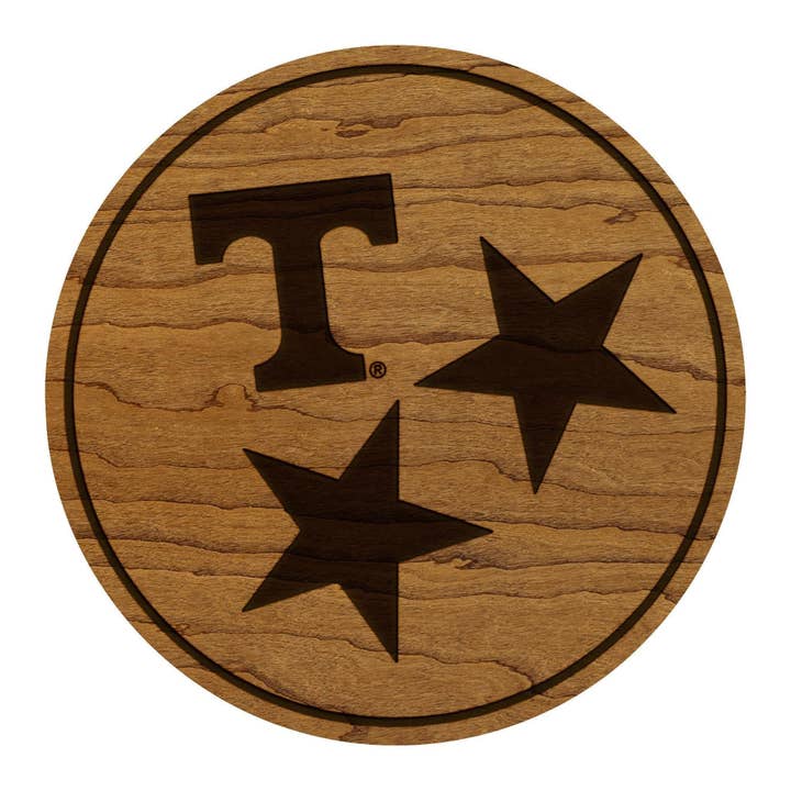 University of Tennessee Tri Stars Coaster – Crafted from Cherry or Maple Wood – Tennessee Volunteers for wholesale by LazerEdge