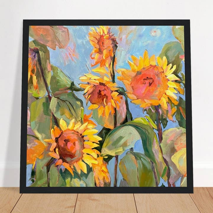 Peinture à l'huile florale 'Tournesols' | Impression d'art encadrée en bois 12x12 | Œuvre originale de l'artiste américaine Barbara Cleary pour la vente par Barbara Cleary Designs