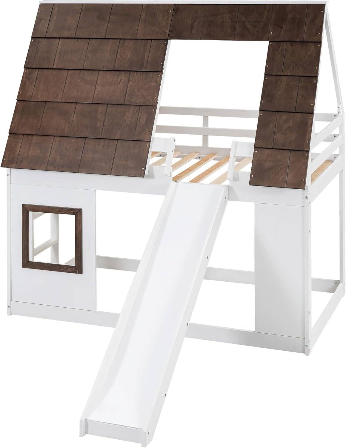 White Brown Twin Over Twin Bunk Bed With Slide For Kids Room Ready for wholesale on Faire6
