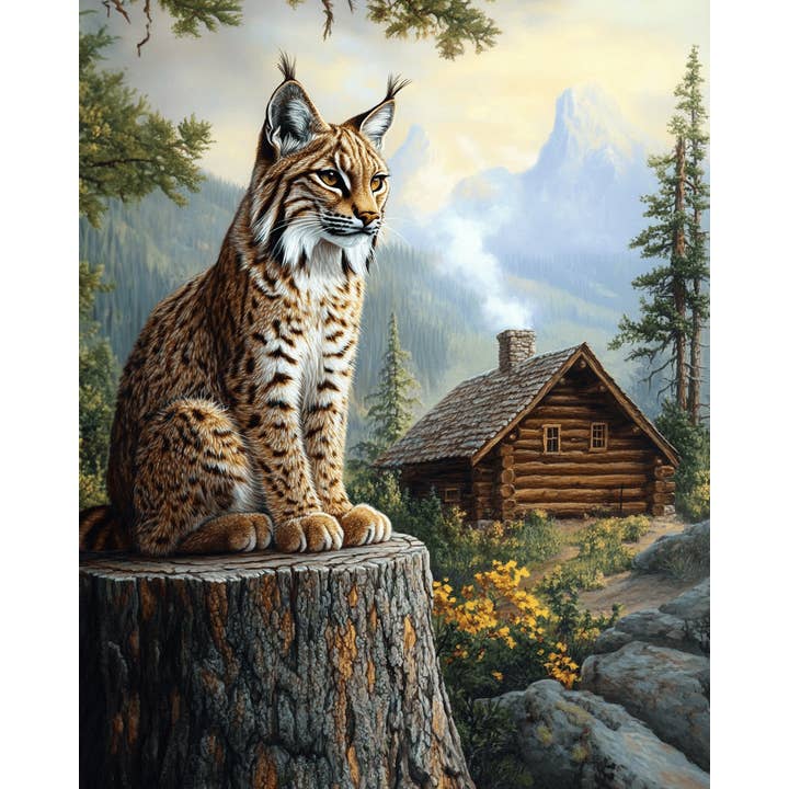 Mowbi - Wholesale Art Print - Bobcat in Backyard - Log Cabin Companions Wall Art Prints – 8″x10″ Artwork for 11″x14″ Frame