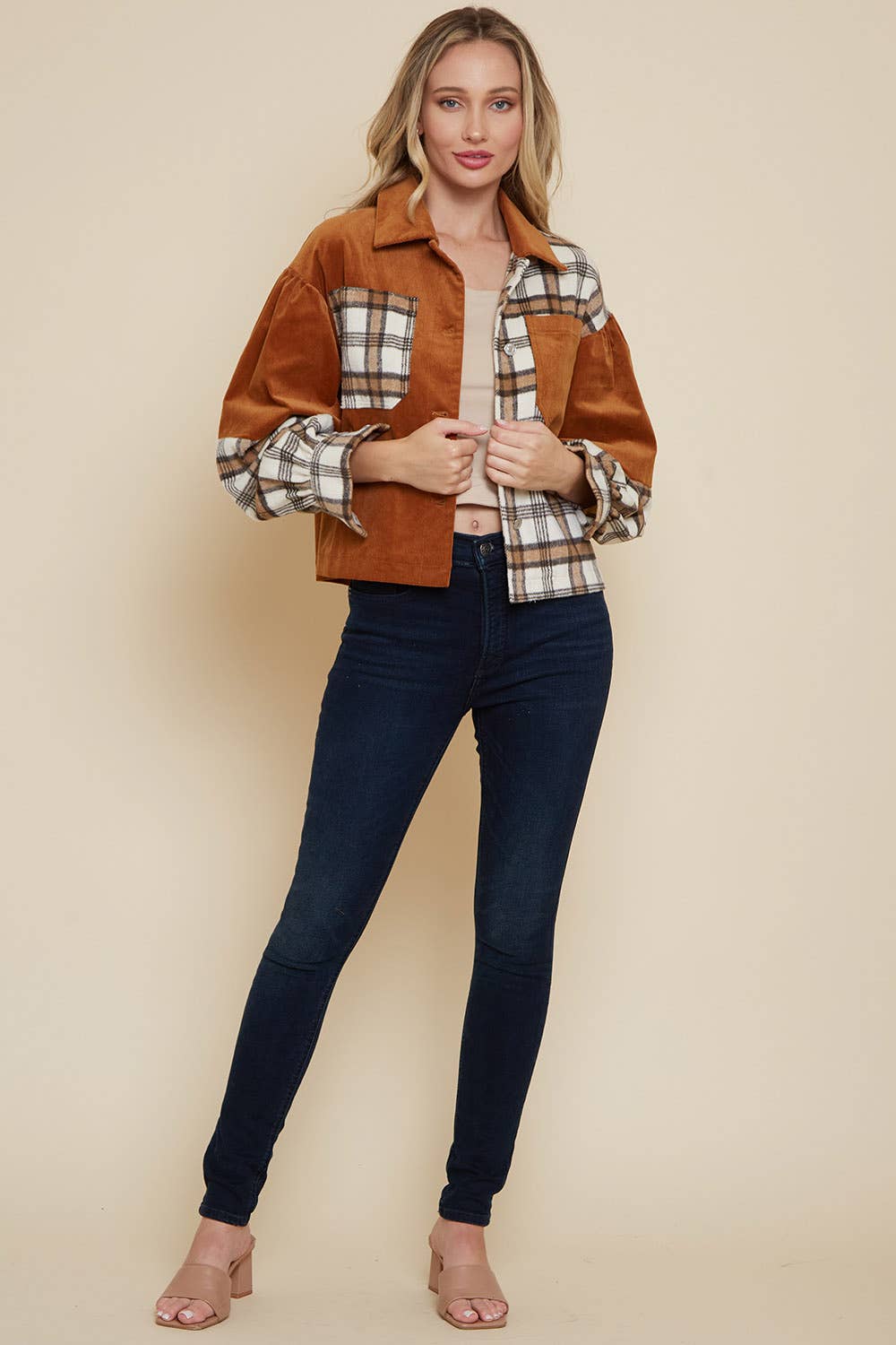 Saints & Hearts - Vente Veste-chemise – femme - VESTE MIXTE À CARREAUX ET VELOURS CÔTELÉ CAMEL SIJ5190A7