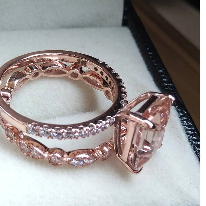 GEMPARA - Wholesale Engagement Ring - 14K Solid Rose Gold Emerald Cut Morganite Ring Set3