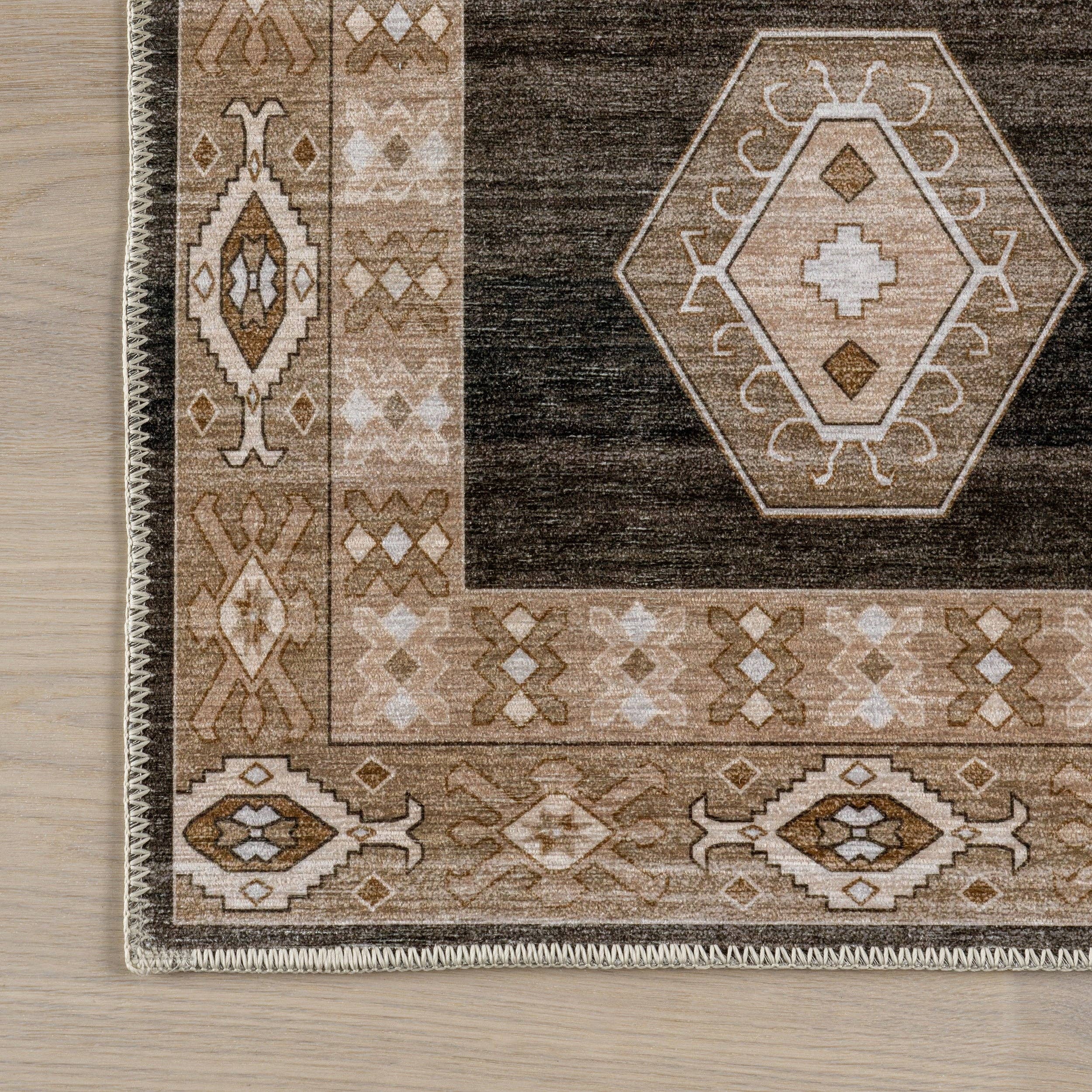 Dark Brown Anette SplashGuard Vintage Medallion Machine Washable Area Rug for wholesale on Faire4