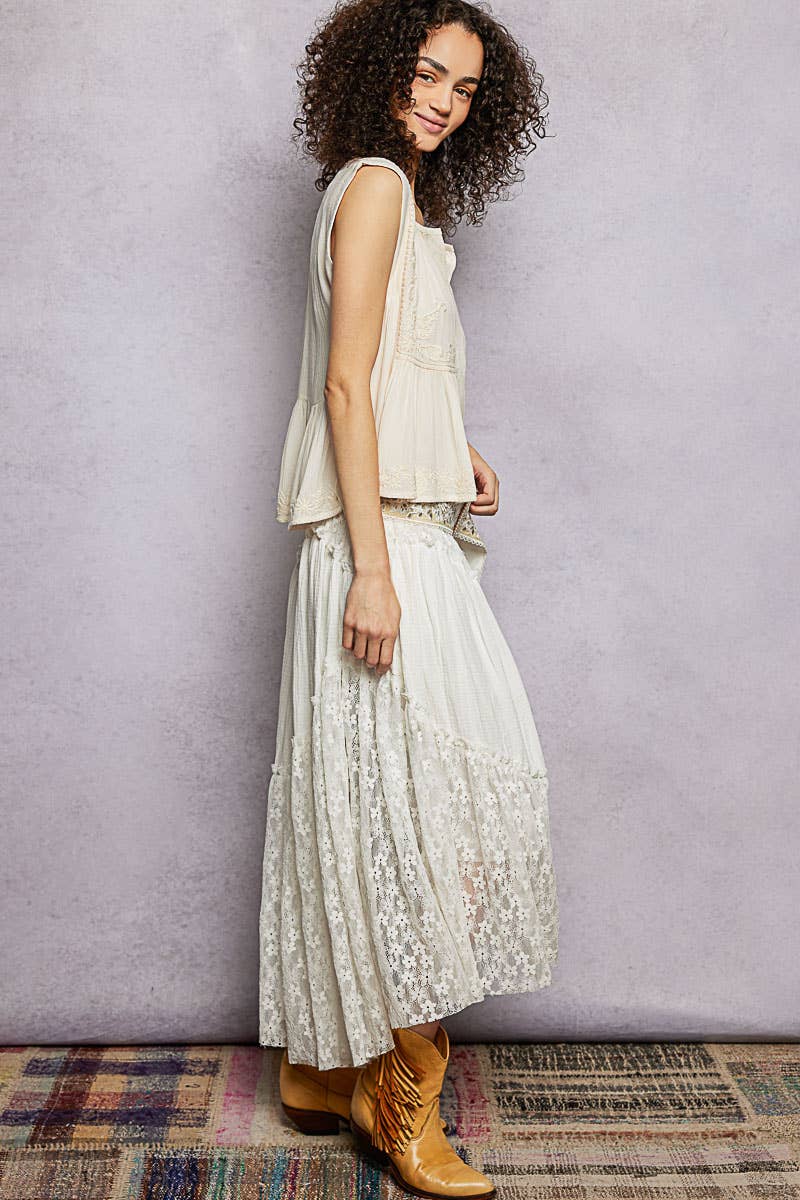 Pol Clothing - Wholesale Skirt - Women's - Double gauze raw edge lace patch solid maxi skirts10