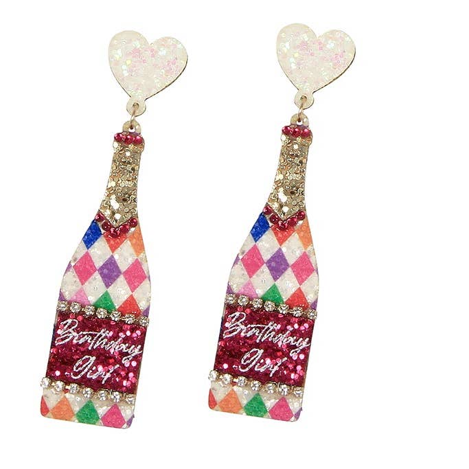 Kaleidoscope Accessories - Wholesale Dangle Earrings - Glittery Birthday Girl Wine Earrings, 2 Assorted