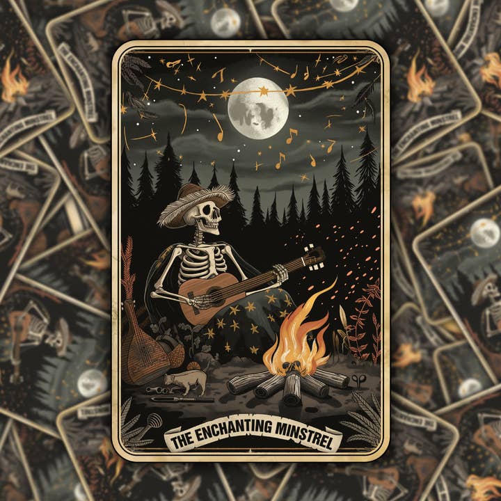 Enchanting Minstrel Skeleton Tarot Sticker - 2x3 Waterproof for wholesale by Ink & Omen