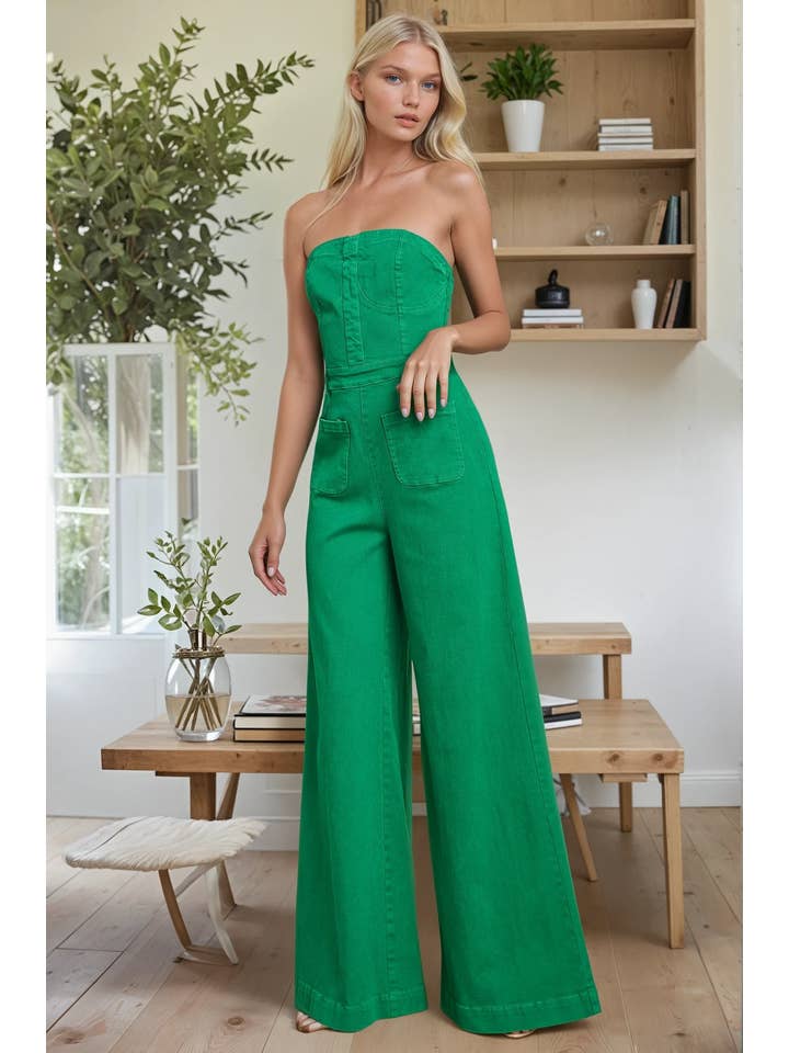 KELLY GRÖN JEANSJUMPSUIT MED VIDA BEN MED ÖPPEN AXEL 4406 KELLY GREEN för wholesale på Faire