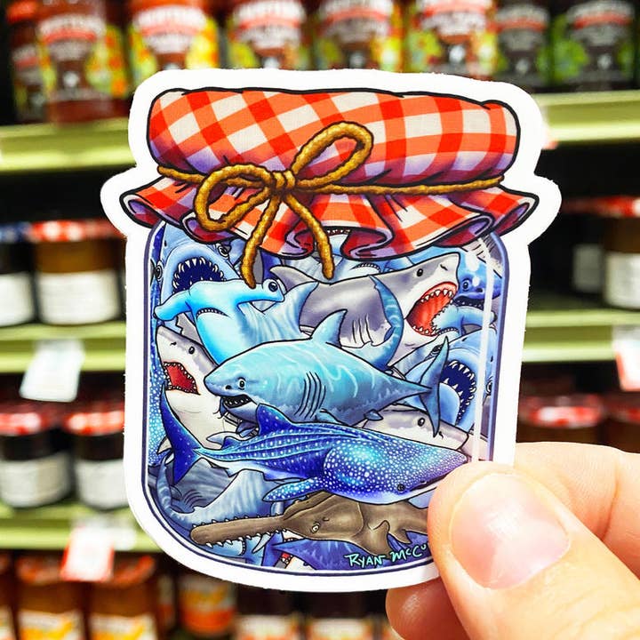 VINYL STICKER: Shark Preserves (Jam jar full of sharks!) for wholesale by Ryan McCulloch Art
