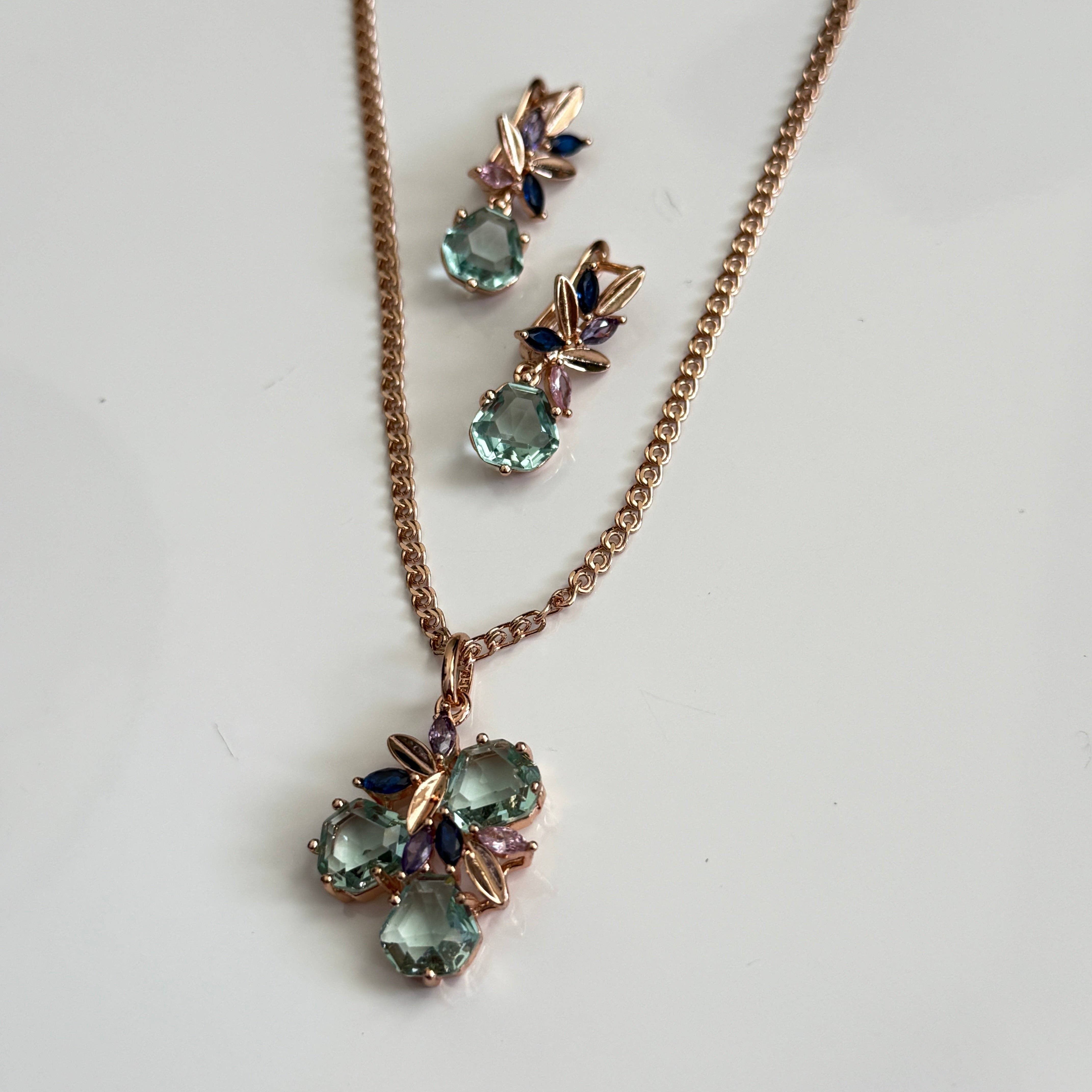 Vinnis Jewelry - Wholesale Jewelry Set - Celestial Bloom Mint Green Crystal Necklace and Earrings Set – Rose Gold Floral Design with Blue and Violet Accents0