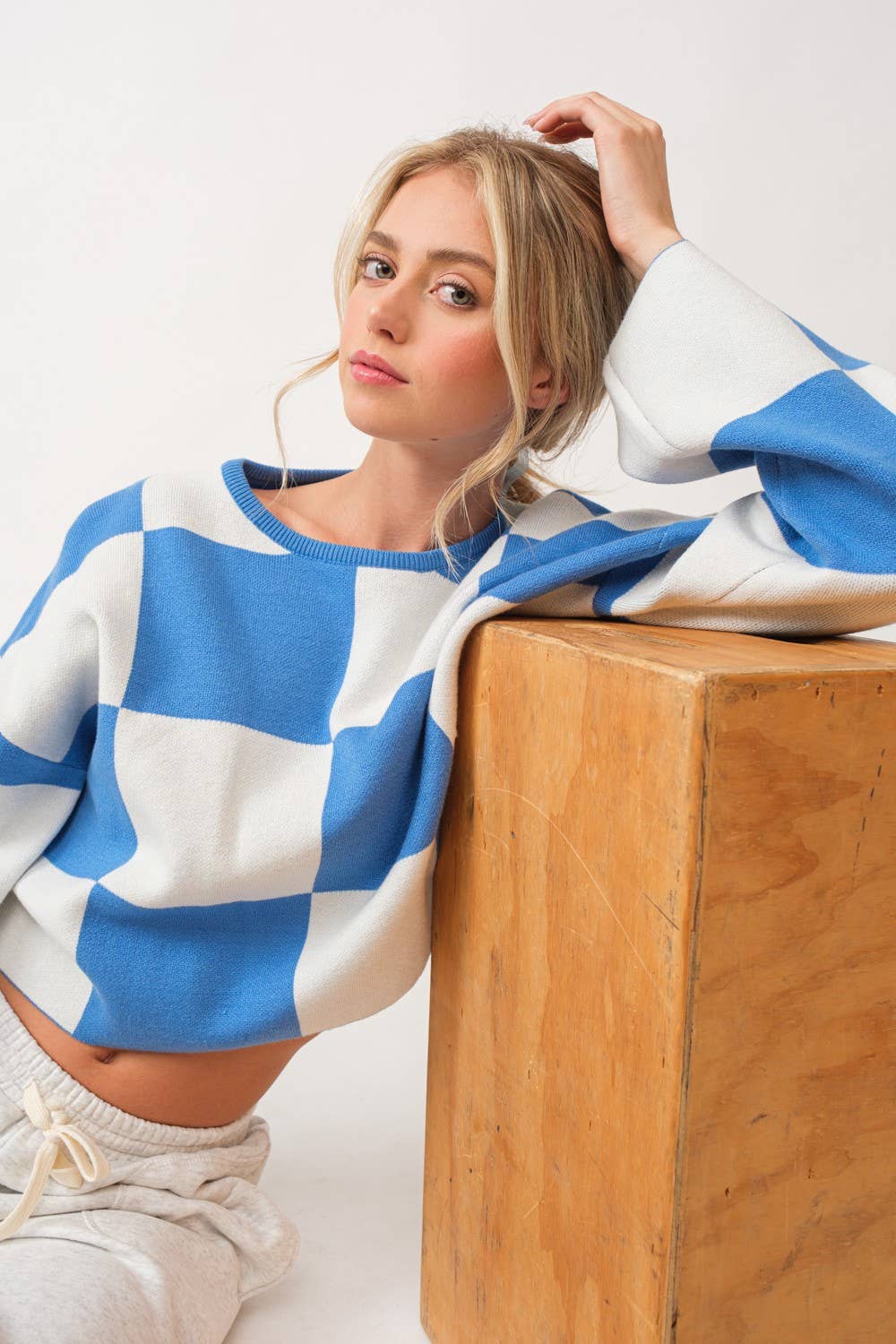 Papermoon - Wholesale Knit Sweater - Women's - PT16257 - Sarah Round Neck Checkered LS Top0