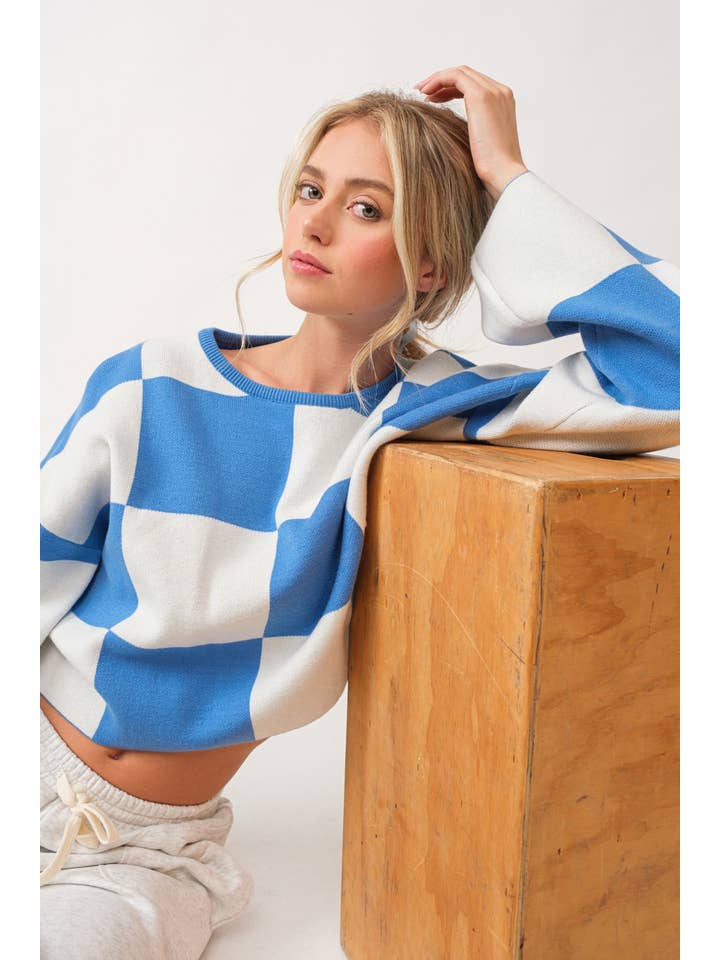 Papermoon - Vente Pull en maille – femme - PT16257 - Haut à manches longues à col rond à carreaux Sarah