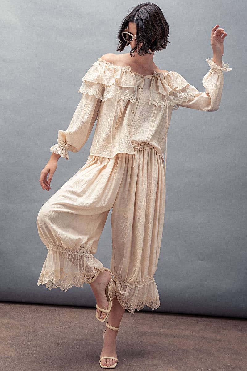 Urban Daizy - Wholesale Blouse - Women's - Lace Trim Ruffle Tie Neck Spring Blouse Top21