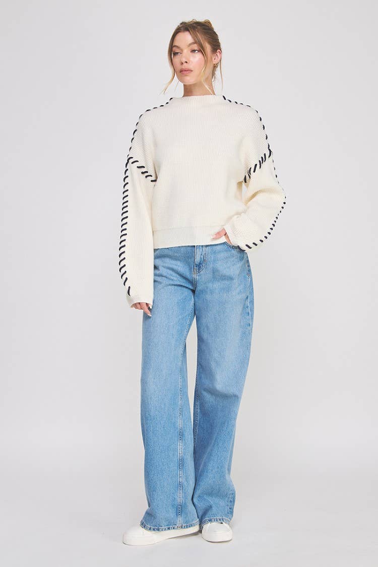 Allie Rose - Wholesale Knit Sweater - Women's - Lofty mock neck sweater w contrast stitch detail3