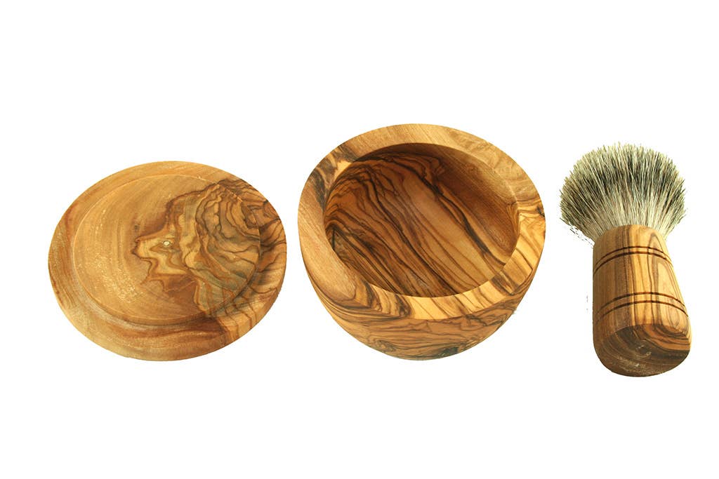 olivenholz-erleben - Vente Assortiment/kit de rasage - Homme - Ensemble de rasage en bois d'olivier avec bol, couvercle et blaireau en poils de blaireau4