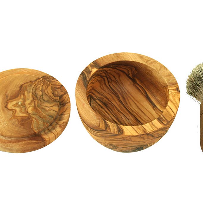 olivenholz-erleben - Vente Assortiment/kit de rasage - Homme - Ensemble de rasage en bois d'olivier avec bol, couvercle et blaireau en poils de blaireau4