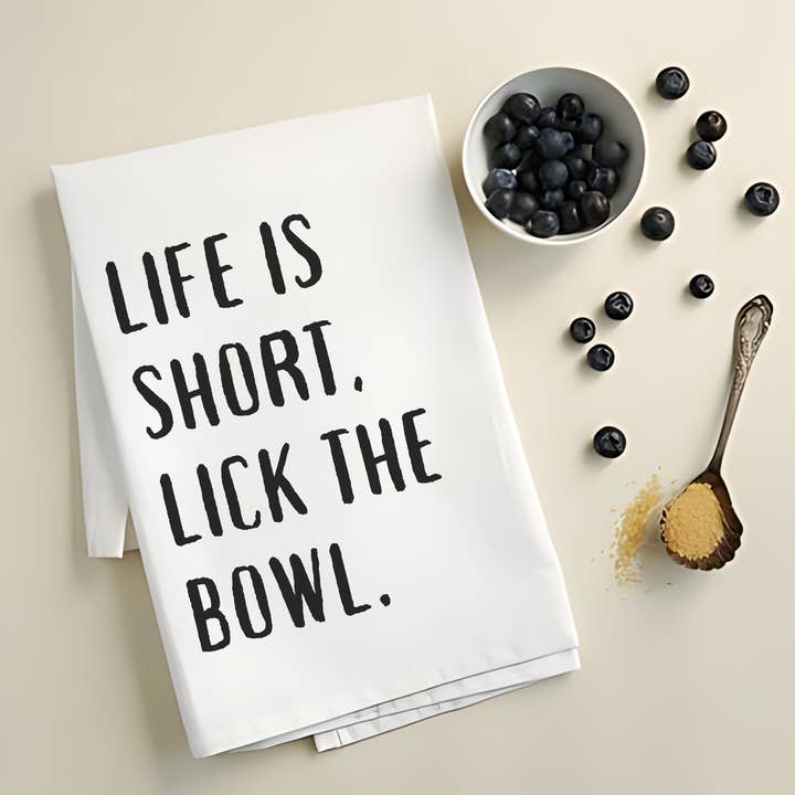 Inklusive Printing, Designs & More - Wholesale Tea Towel - Life is Short, Lick the Bowl - Playful Kitchen Towel