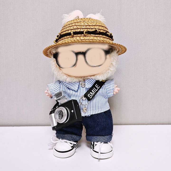 17cm dolls Striped shirt&denim pant straw hat 6pcs set for wholesale by Little Trendy