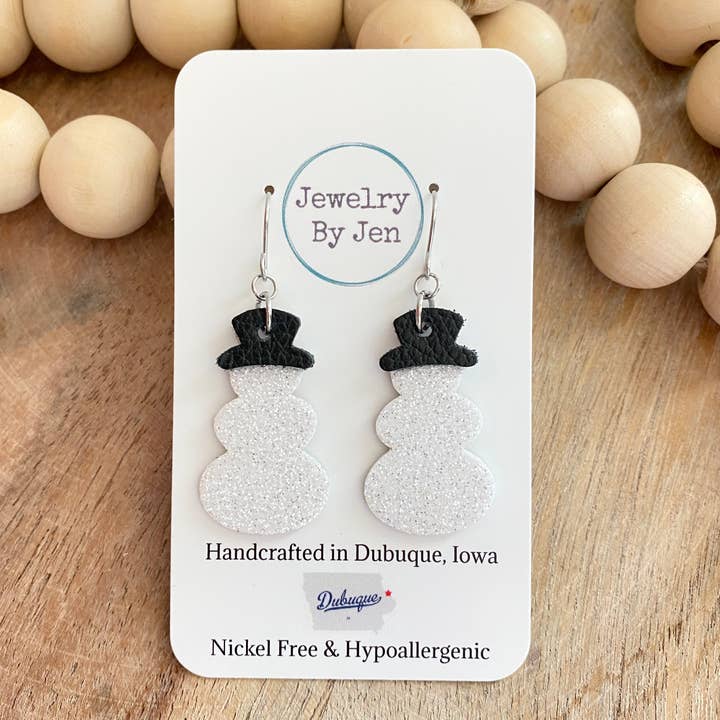 Snowman Earrings: White Fine Glitter w/Black Leather Hat for wholesale by Jewelry By Jen