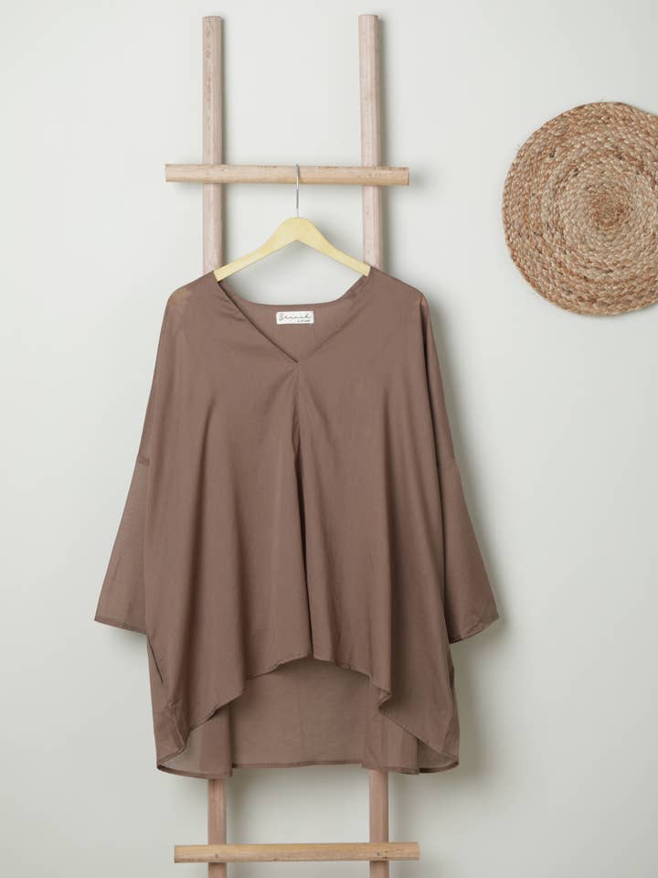 Skir bomull V-ringad fickblus för varje dag (kaffe) för wholesale av Brunch | My Dear