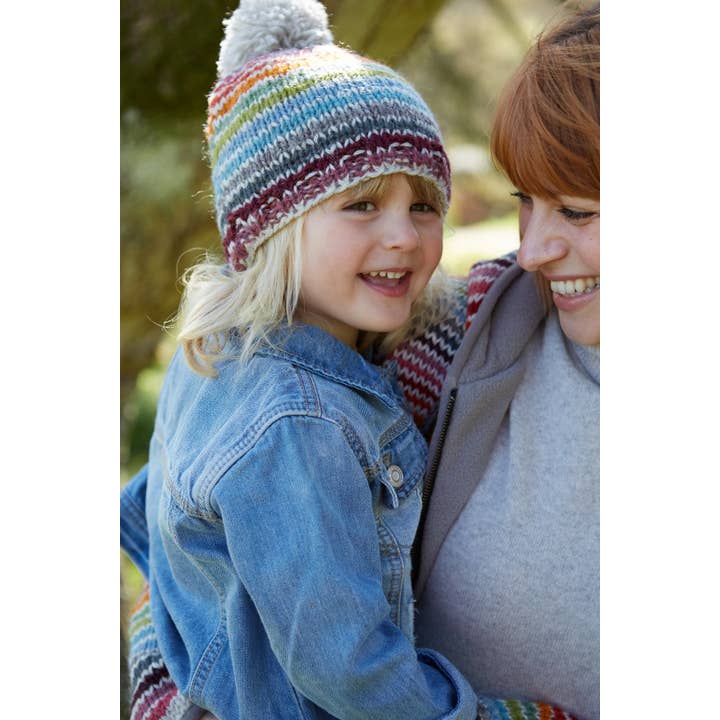 One Colour Kids Hoxton Colourful Stripe Knitted Wool Bobble Beanie Hat for wholesale on Faire2