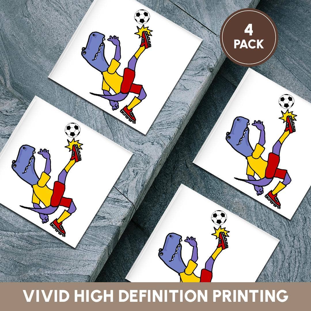 3dRose - Wholesale Coasters - 3dRose, Cute funny T-rex Dinosaur Playing Soccer Kicking Ball Cartoon Sports, Coaster5